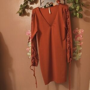 Love Nation Rust Lace-Up Long Sleeve Dress